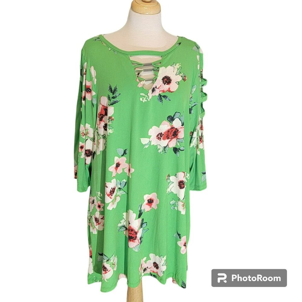 New York Laundry Tunic Top, Women 3XL Green w/ Pink Floral Print, V-Neck, *NWT*